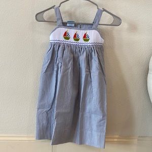 Girls Candyland Sz 6 Smocked striped dress with boat embroidered top.